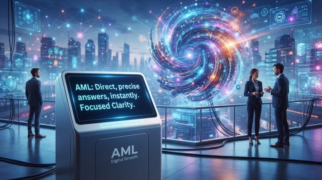 A conceptual illustration reflecting the dynamics between answer engines and generative engines within a digital landscape. In the foreground, a sleek, modern answer engine, depicted as a glowing, minimalist interface displaying a single clear sentence. In contrast, in the middle ground, a generative engine is visualized as a swirling amalgamation of multiple light beams and data streams, symbolizing the blending of various sources of information. The background features a digital skyline of interconnected nodes and networks, bathed in soft blue and purple tones, evoking a high-tech atmosphere. The lighting is dynamic, highlighting the contrasts between the focused clarity of the answer engine and the vibrant complexity of the generative engine. Professional figures in business attire can be seen observing the scene, conveying a sense of engagement with technology. This image embodies the ongoing evolution of search engines in the digital age, branded as "AML Digital Growth".