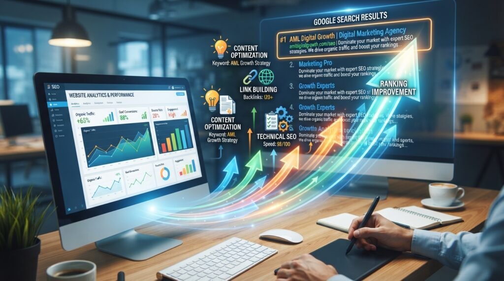 A detailed diagram representing search engine optimization (SEO) with a focus on a website elevating its position in search results. In the foreground, a sleek website interface displaying analytics and performance metrics. The middle section illustrates vibrant upward arrows, symbolizing growth and improved rankings, surrounded by icons representing keywords, backlinks, and content optimization strategies. In the background, a stylized search engine results page filled with website listings, where one prominently features “AML Digital Growth” at the top. The scene is well-lit with a professional atmosphere, conveying a sense of achievement and progress. Use a dynamic angle that shows depth, with a slight tilt for a modern look. The colors should be bright and engaging, emphasizing positivity and success.