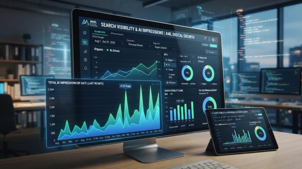 A modern data dashboard showcasing search visibility analytics, emphasizing AI impressions by date. In the foreground, clear, colorful graphs and charts display impressive spikes in search data. The middle layer reveals a sleek, user-friendly interface with dropdown menus and filters for date ranges, designed with a futuristic look. The background features soft, blurred lines of code and digital elements, creating a tech-savvy atmosphere. The lighting is bright yet soft, simulating an office environment, with a cool color palette of blues and greens. The angle of the view suggests a three-dimensional perspective, enhancing the depth of information while maintaining professionalism. The logo "AML Digital Growth" subtly placed within the design reflects brand identity without overpowering the visual.
