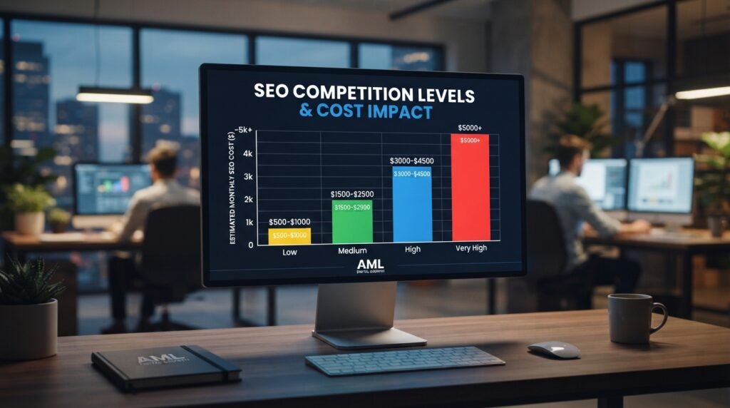 A sleek and modern bar chart showcasing competition levels and their effect on SEO costs, designed for a professional article. The foreground features a vibrant, multi-colored bar chart with distinct sections representing various competition levels, each labeled with contrasting colors for clarity. In the middle ground, a subtle grid and axes provide structure, adding a sense of depth. The background includes an abstract, muted office setting, hinting at a high-tech environment with soft lighting that highlights the chart, implying an analytical atmosphere. The focal point is a digital display on a desk, displaying the brand name "AML Digital Growth" subtly. The overall mood is professional and informative, encouraging viewers to engage with the data presented.