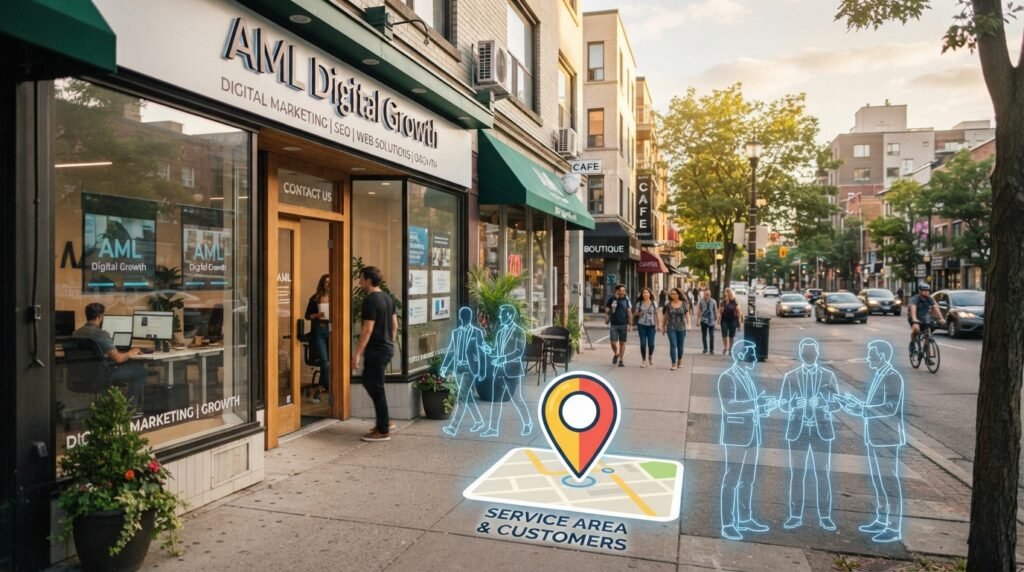 A vibrant storefront for "AML Digital Growth" is depicted in the foreground, showcasing a modern design with large glass windows and an inviting entrance. The middle ground features a bright local map pin indicating nearby customers and the service area, surrounded by subtle outlines of figures in professional business attire engaged in conversation. In the background, a busy city street adds dynamism, with people walking by and trees lining the sidewalk, suggesting an active neighborhood. The lighting is warm and inviting, simulating late afternoon sunshine that casts soft shadows, creating a welcoming atmosphere. The camera angle is slightly elevated, capturing the bustling surroundings while focusing on the storefront, emphasizing the connection between local businesses and their community.