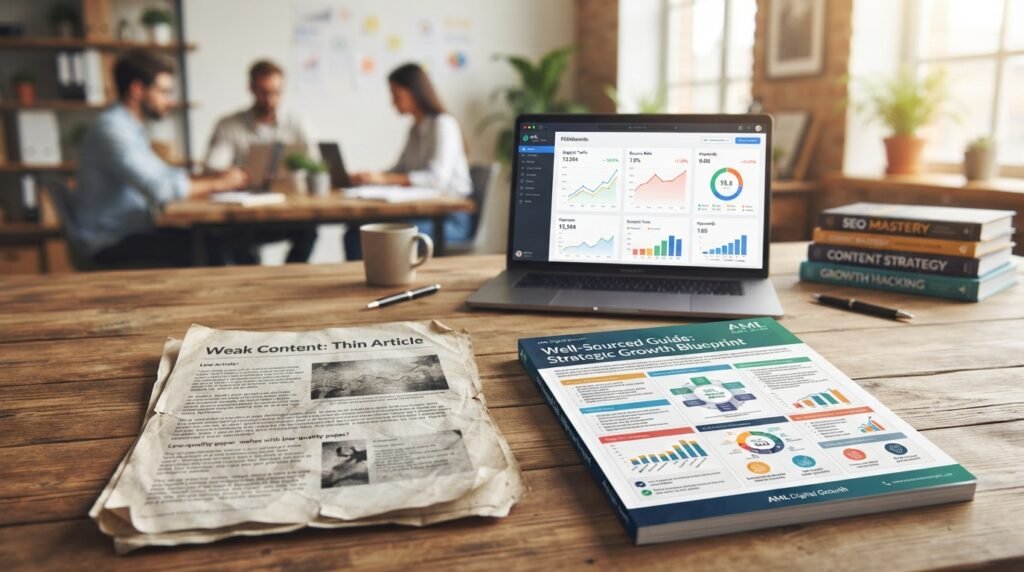 A visual representation contrasting thin content and a well-sourced guide, showcasing the differences in content quality. In the foreground, a thin, poorly designed document representing weak content, crumpled and faded, with blurry text. In contrast, a vibrant, well-organized guide on the right, featuring clear diagrams, bullet points, and vibrant colors, symbolizing high-quality information. The middle ground shows a desk with an open laptop displaying graphs and SEO statistics, surrounded by books. The background highlights a professional office environment with soft, warm lighting, creating an inviting atmosphere. The composition uses a shallow depth of field, focusing on the content in the foreground while keeping the background slightly blurred. Emphasize the brand "AML Digital Growth" subtly in the design of the high-quality guide.