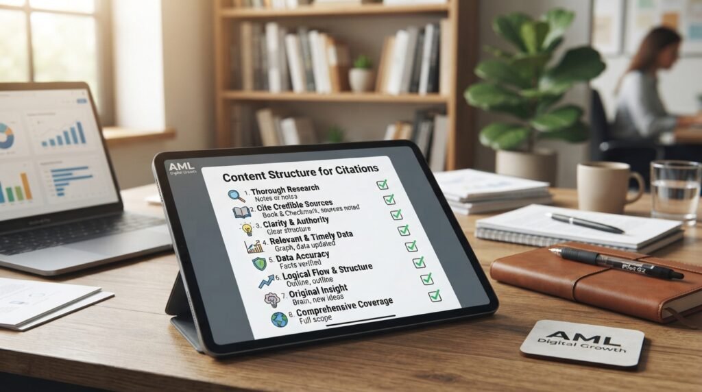 A visually engaging content structure checklist designed for a guide that earns citations, set against a modern office backdrop. In the foreground, a neatly organized checklist on a sleek digital tablet displays bullet points, icons, and highlighted sections emphasizing key elements like "Research", "Sources", "Clarity", and "Relevance". The middle layer includes a blurred view of documents, books, and a laptop, symbolizing research and information gathering. The background features soft-focus shelves filled with books and a potted plant, creating a calm and professional atmosphere. Utilize warm and inviting lighting to enhance focus on the checklist. The composition is shot from a slight angle to suggest depth, with a contemporary workspace feel, reflecting efficiency and clarity. The brand name "AML Digital Growth" subtly integrated into the scene.