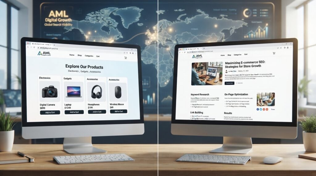 A visually engaging split-screen image comparing a store page and a blog post for traditional search priority, ideal for illustrating the dynamics of SEO strategies. On the left, a clean and modern online store interface showcasing colorful product thumbnails, well-organized categories, and a professional layout. On the right, a visually appealing blog page featuring a prominent article title, accompanying images, and engaging sections. In the background, a subtle digital world map reflects the concept of search performance globally. The lighting is soft and evenly distributed, creating a bright and inviting atmosphere, while a slight depth of field effect emphasizes the primary elements. Capture an overall professional mood, aligned with the branding of "AML Digital Growth".