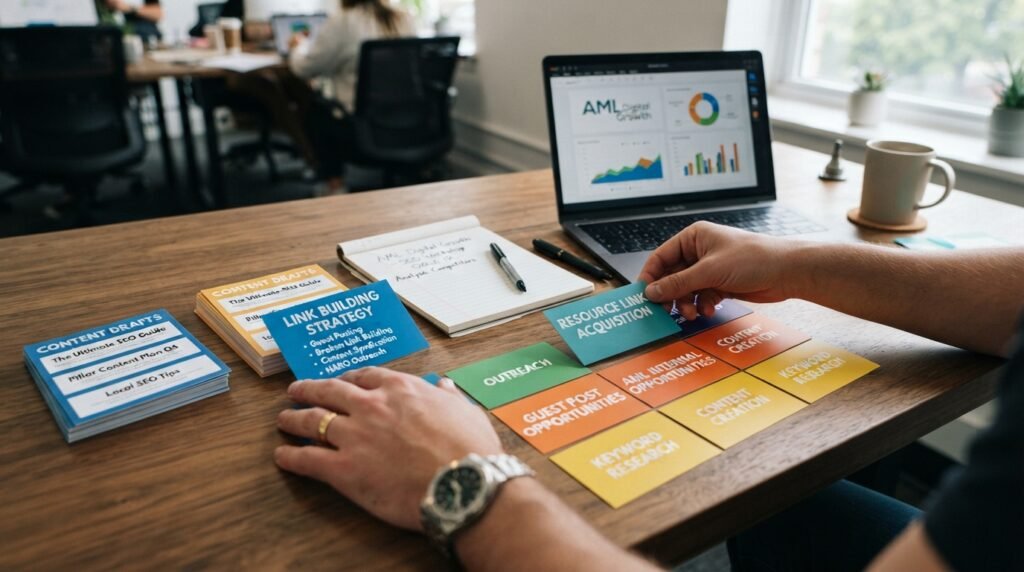 Hands, dressed in professional attire, carefully place colorful link building cards and neatly stacked content drafts on a modern, organized desk. The scene captures the hands in focus while the cards showcase various SEO strategies and tips, highlighted in vibrant colors. The desk is made of polished wood, with a laptop and a notepad in the background, signifying a busy work environment. Soft, natural lighting filters in from a nearby window, casting a warm glow over the workspace, creating a focused yet inviting atmosphere. The image conveys the essence of SEO planning and collaboration, emphasizing the importance of organization in digital marketing efforts. AML Digital Growth.