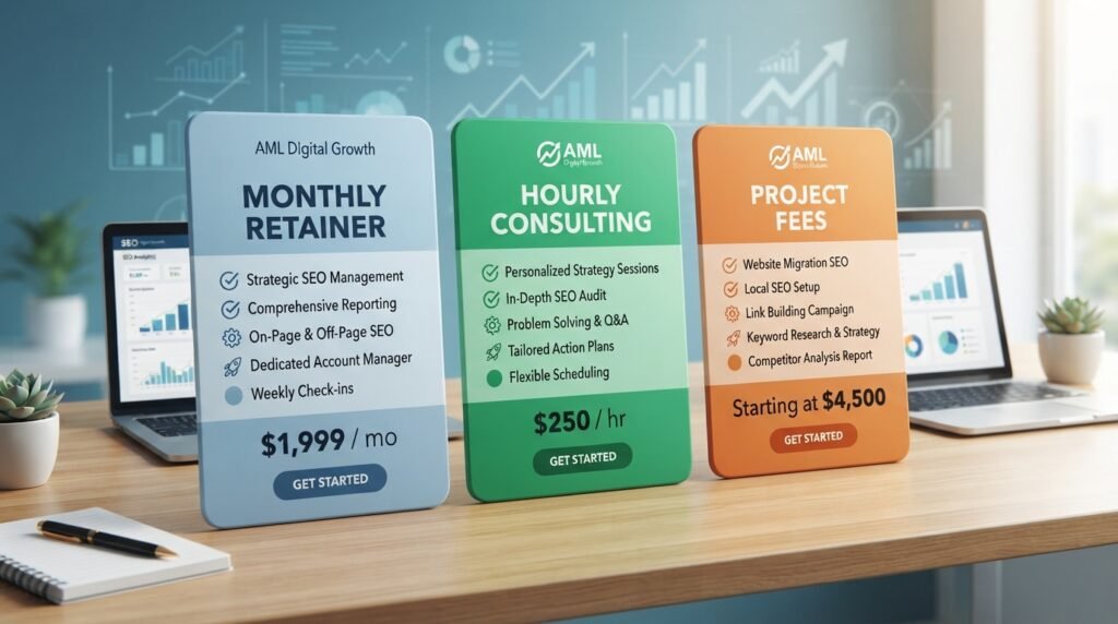 Three sleek pricing model cards designed to highlight monthly retainer, hourly consulting, and project fees for SEO services. The foreground shows the cards with clean lines and rounded edges, each uniquely colored to differentiate the pricing models—soft blue for monthly retainer, vibrant green for hourly consulting, and warm orange for project fees. In the middle ground, there is a subtle gradient backdrop that implies professionalism, featuring abstract digital elements suggestive of growth and analytics. The lighting is bright yet soft, creating an inviting atmosphere, with a slight shadow to give depth. The angle is a three-quarters view, emphasizing the cards' details. The brand name "AML Digital Growth" is subtly integrated into the design of the cards, enhancing the professional look without being overpowering.
